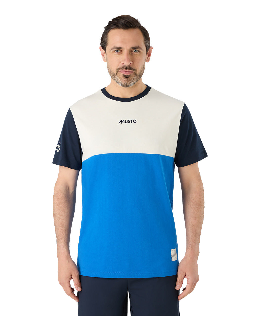 Aruba Blue Coloured Musto Mens 64 Short Sleeve T-Shirt On A White Background 