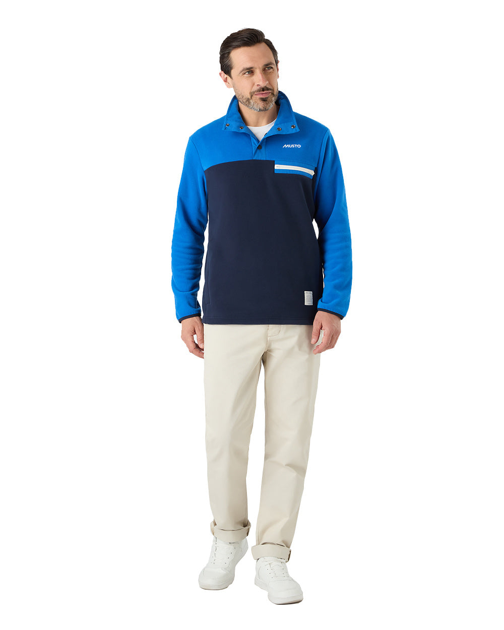 Aruba Blue/Navy Coloured Musto 64 Fleece Pullover On A White Background 