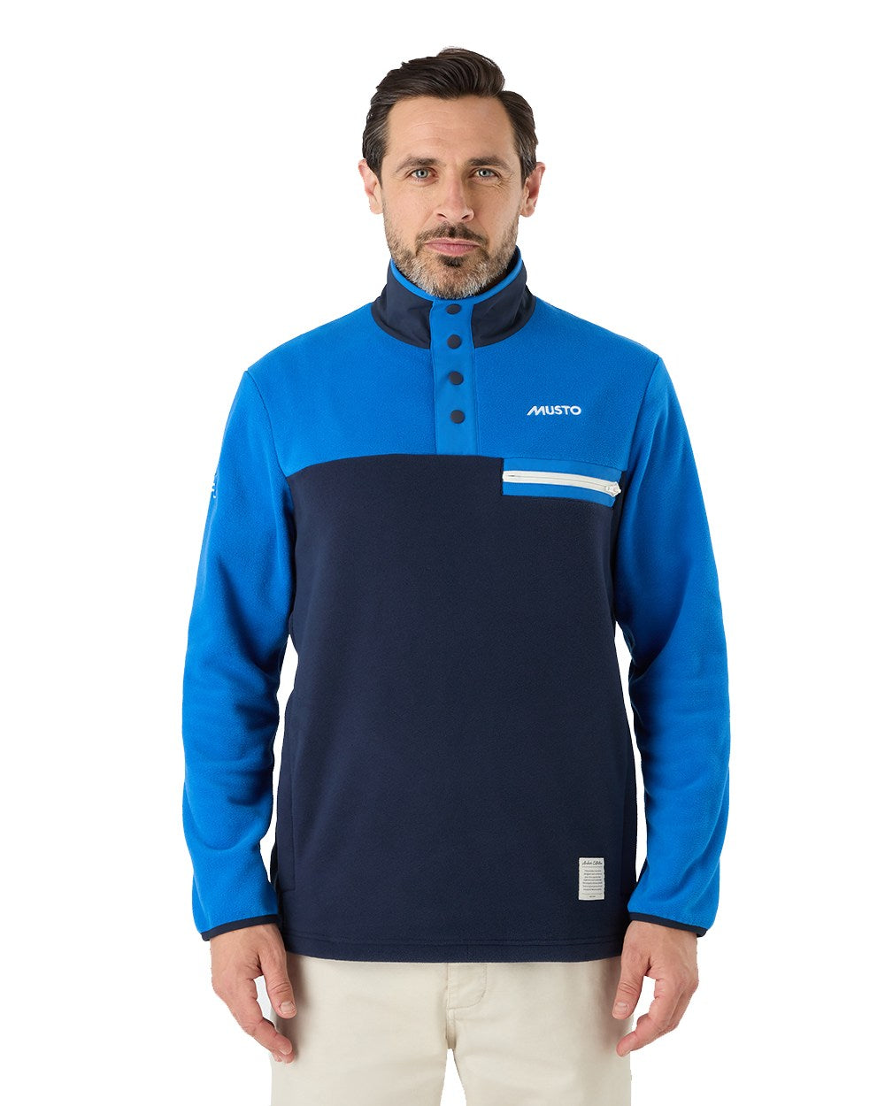 Aruba Blue/Navy Coloured Musto 64 Fleece Pullover On A White Background 