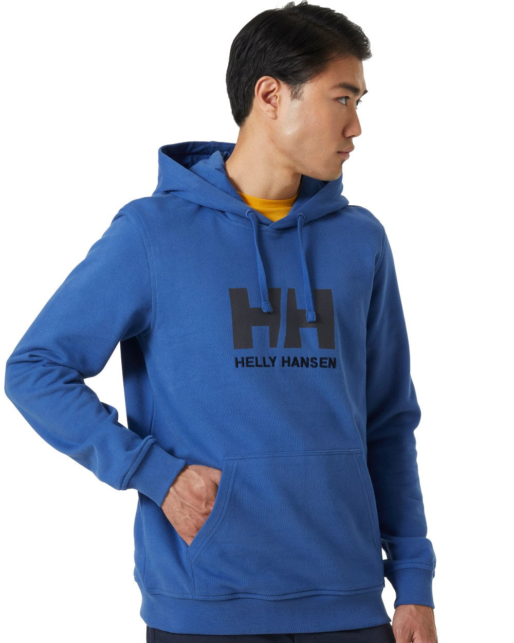 Azurite Coloured Helly Hansen Mens Logo Hoodie On A White Background 