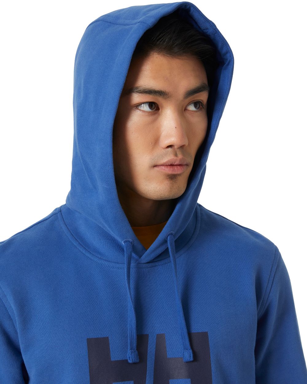 Azurite Coloured Helly Hansen Mens Logo Hoodie On A White Background 