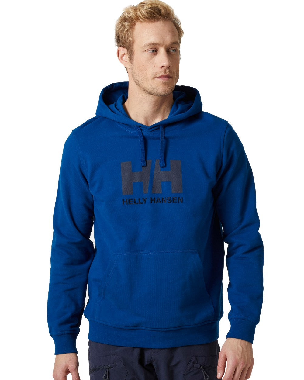 Deep Fjord Coloured Helly Hansen Mens Logo Hoodie On A White Background 