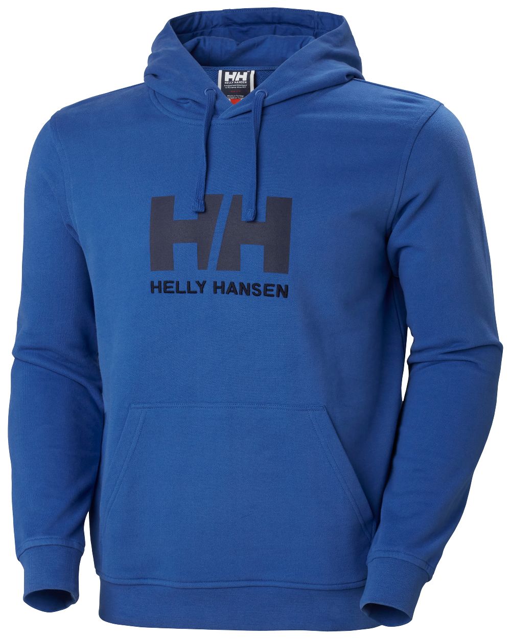 Azurite Coloured Helly Hansen Mens Logo Hoodie On A White Background 