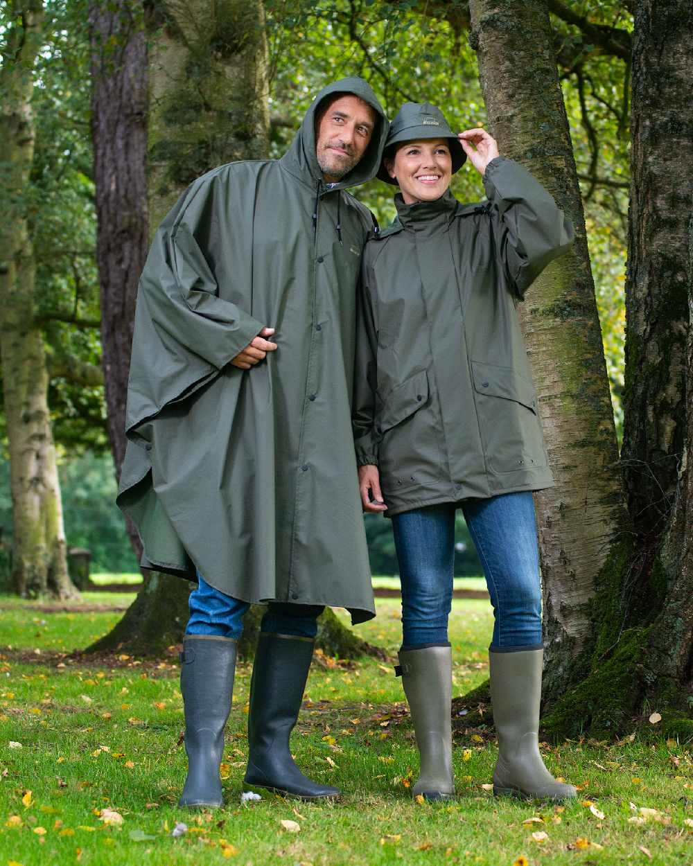 Khaki Coloured Baleno Arras Rain Jacket on forest background 