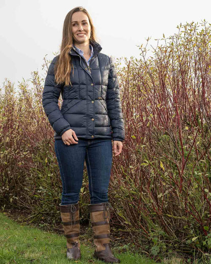 Navy Blue Coloured Baleno Balmoral Womens Padded Jacket on farm background 