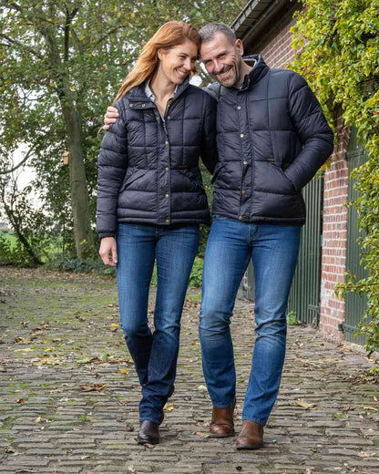 Navy Blue Coloured Baleno Balmoral Womens Padded Jacket on house background 