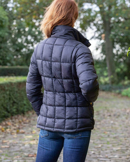 Navy Blue Coloured Baleno Balmoral Womens Padded Jacket on blurry background 