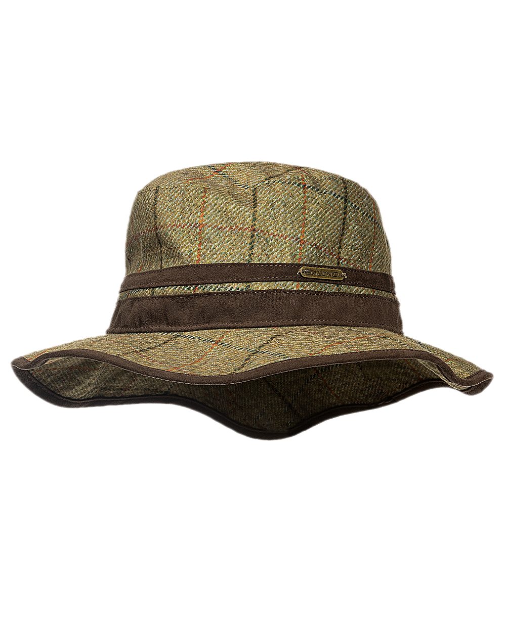 Check Khaki Coloured Baleno Caitlin Printed Tweed Hat on white background 