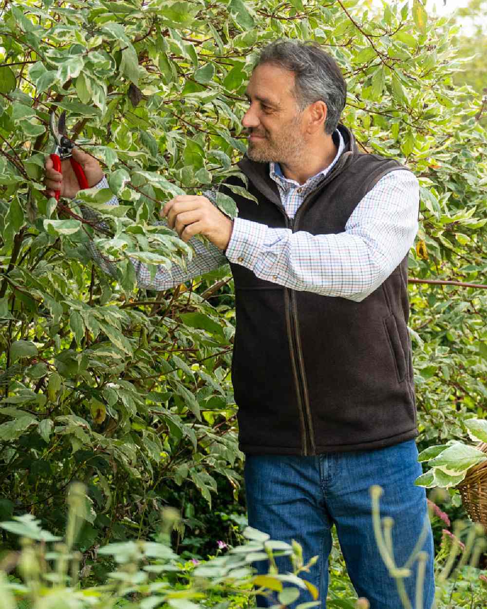 Chocolate Coloured Baleno Harvey Fleece Gilet on garden background 