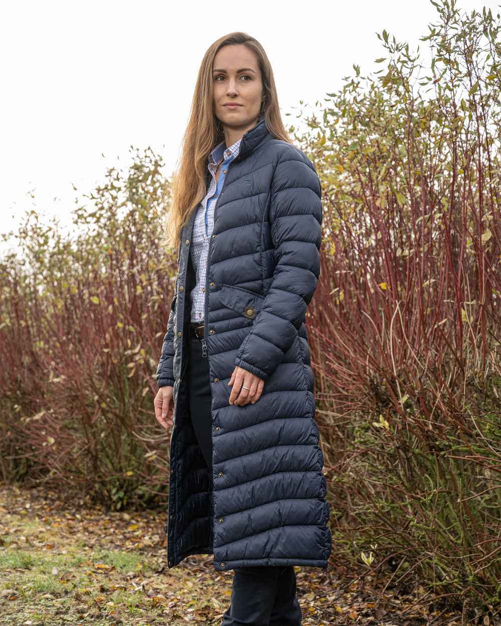 Navy Blue Coloured Baleno Kingsleigh Womens Padded Riding Coat on farm background 