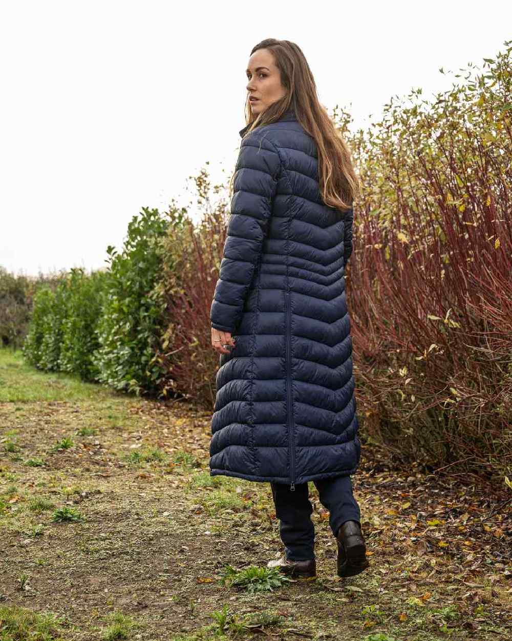 Navy Blue Coloured Baleno Kingsleigh Womens Padded Riding Coat on farm background 