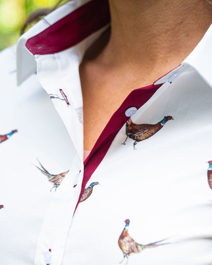 Pheasant Print Coloured Baleno Laura Shirt on blurry background 