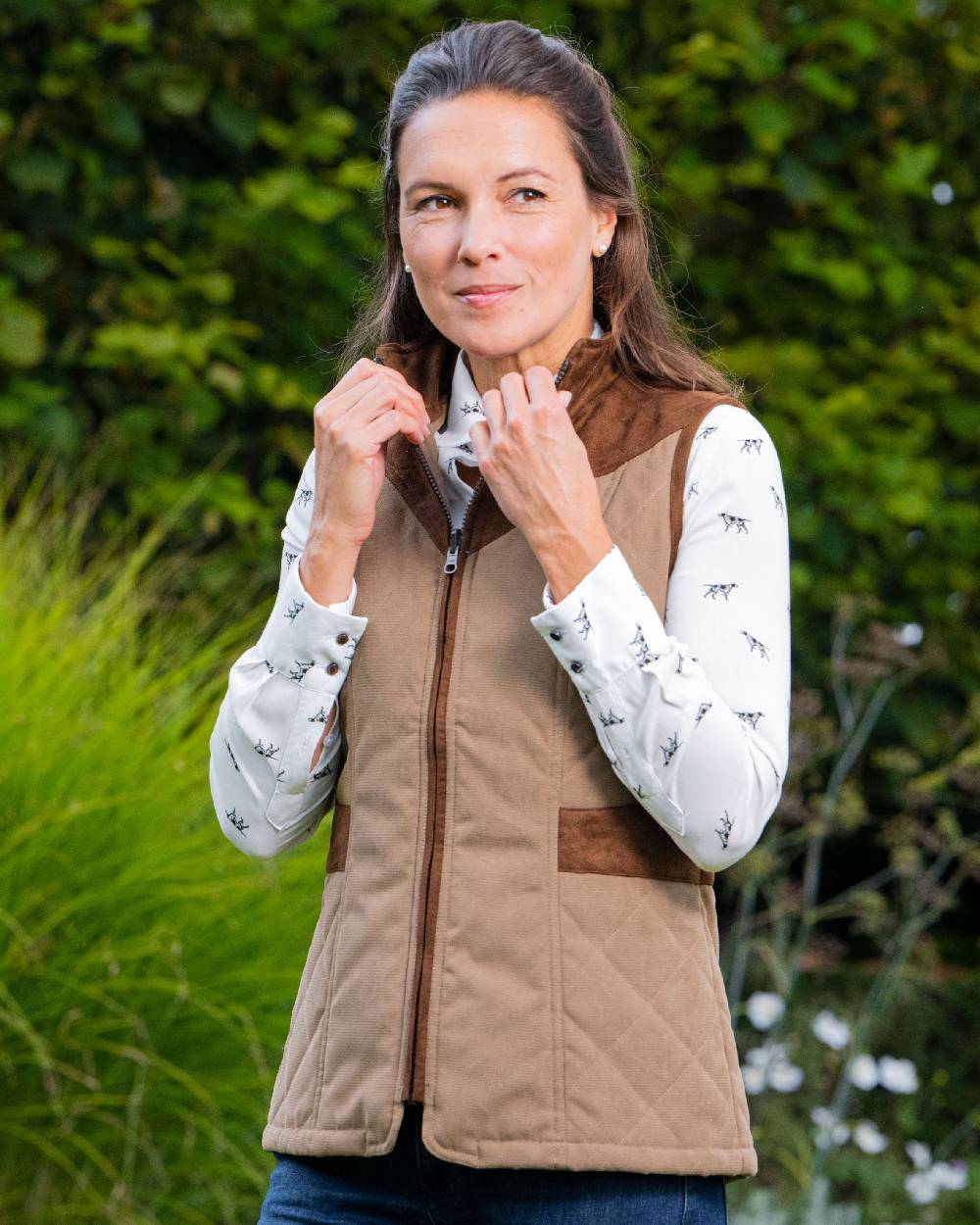 Camel Coloured Baleno Maree Dobby Quilted Ladies Bodywarmer on countryside background 