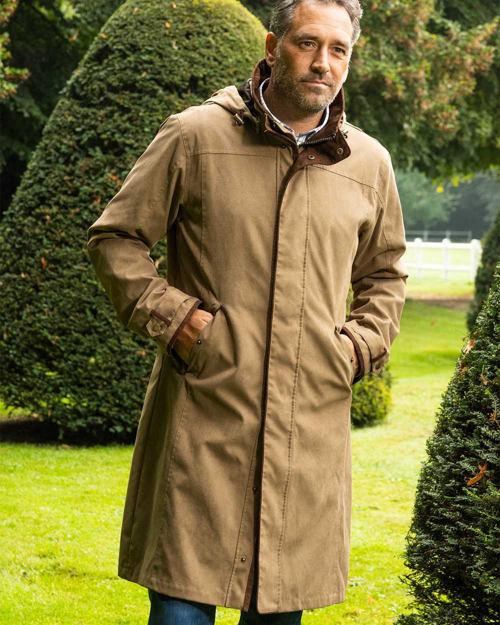 Camel Coloured Baleno Mens Cameron Fashionable Country Coat on garden background 