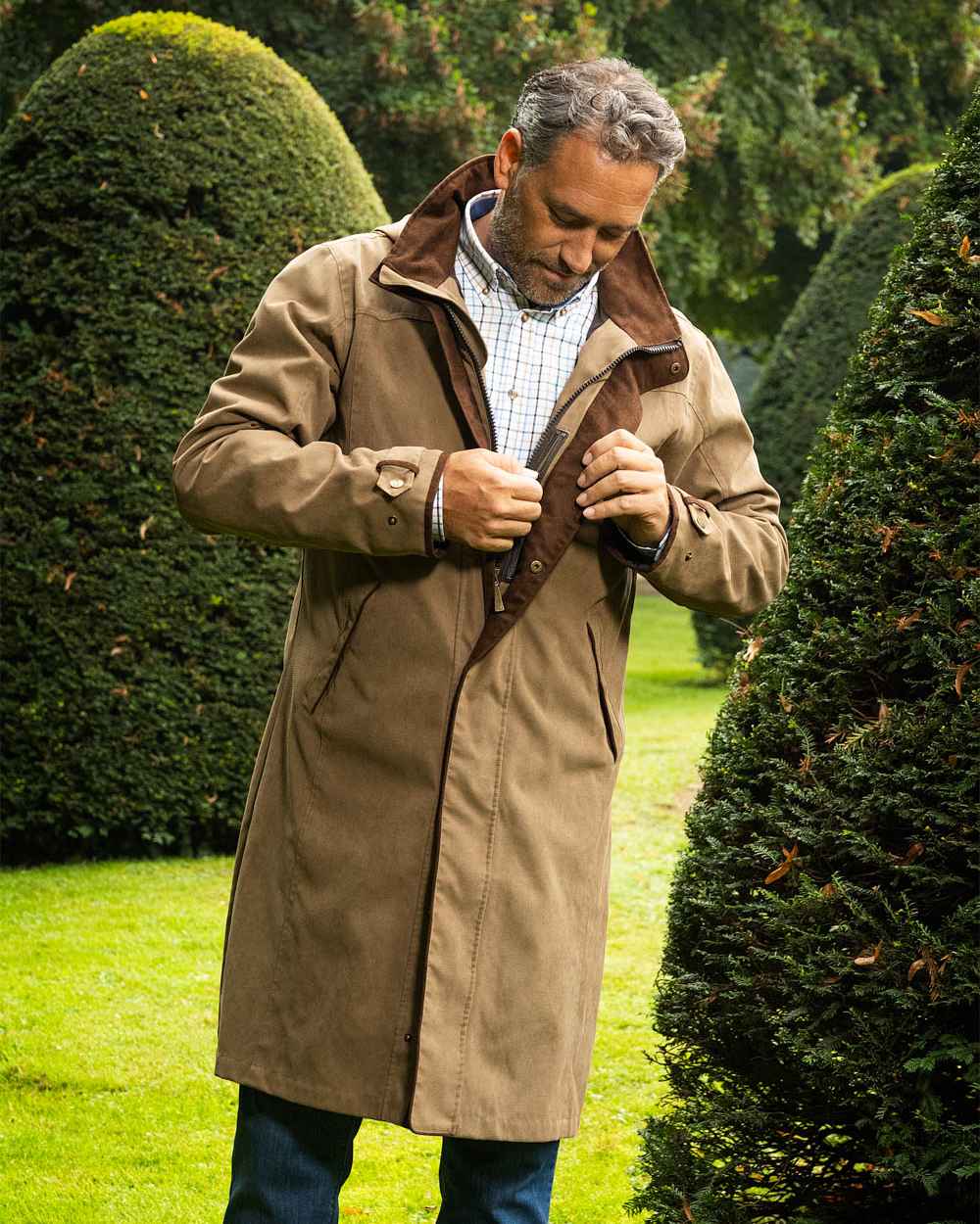 Camel Coloured Baleno Mens Cameron Fashionable Country Coat on garden background 