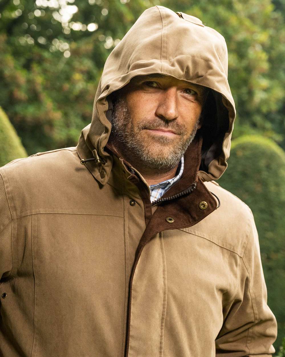 Camel Coloured Baleno Mens Cameron Fashionable Country Coat on garden background 