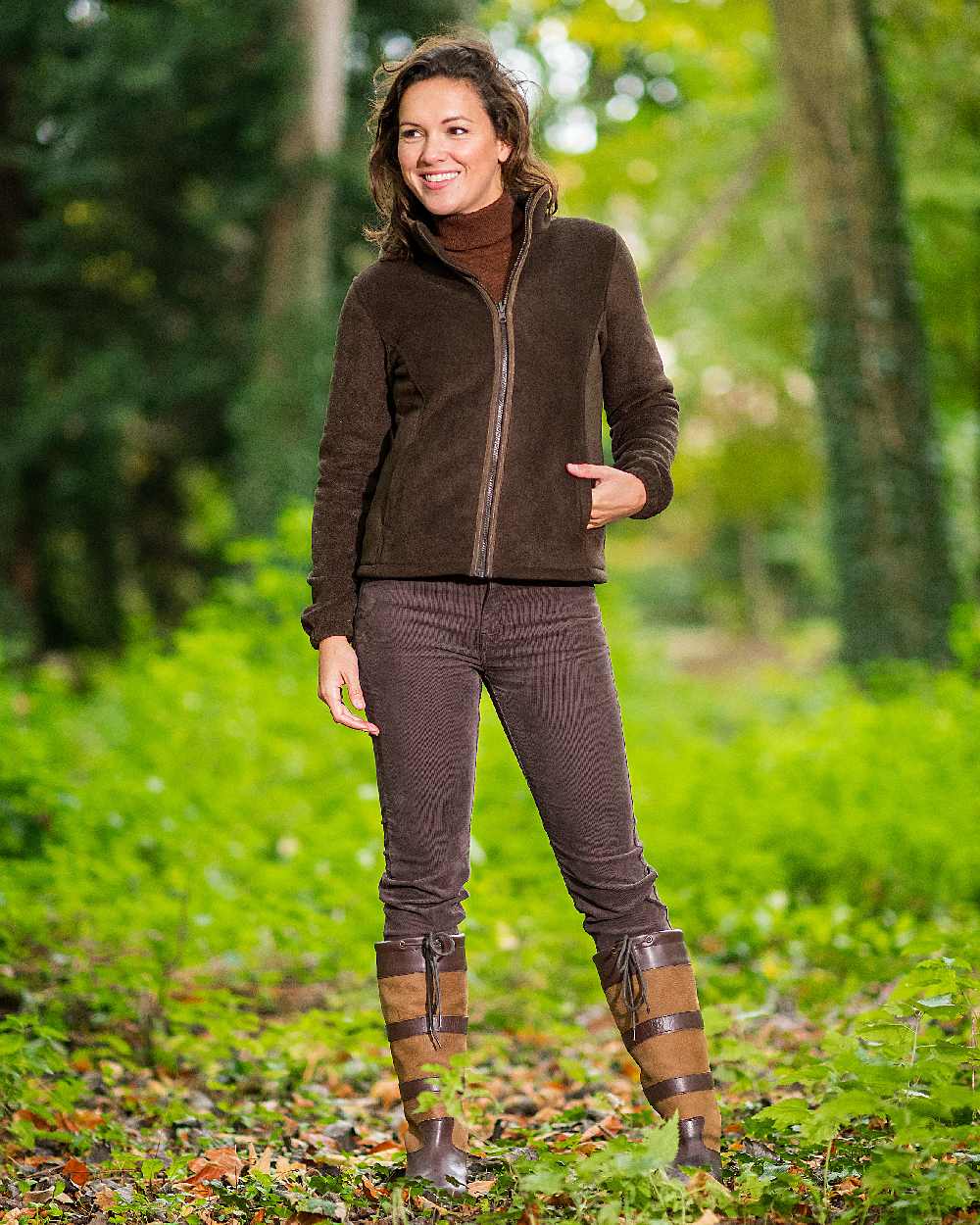 Chocolate Coloured Baleno Sarah Fleece Jacket on forest background 