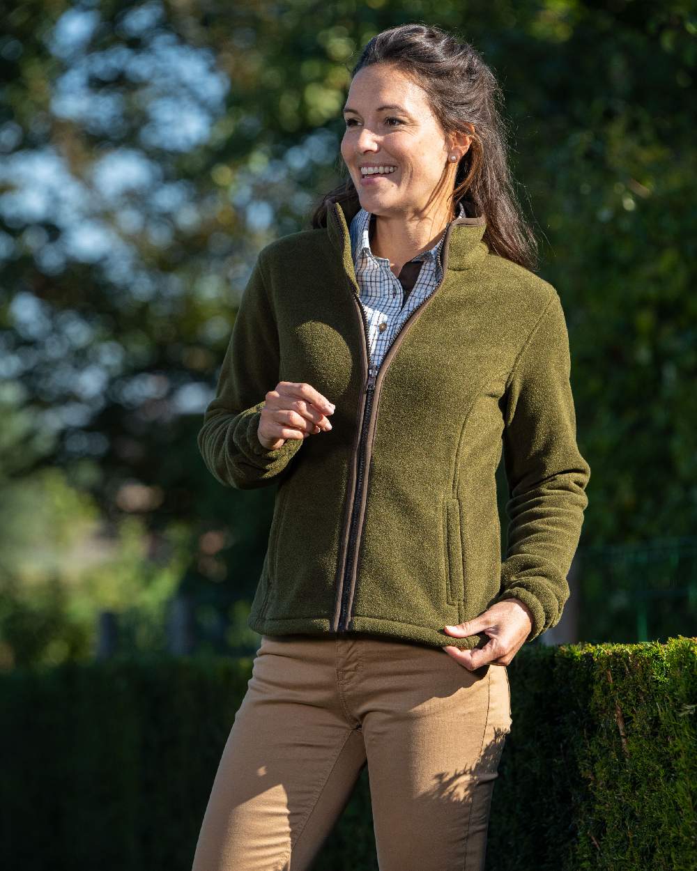 Olive Coloured Baleno Sarah Fleece Jacket on lake background 