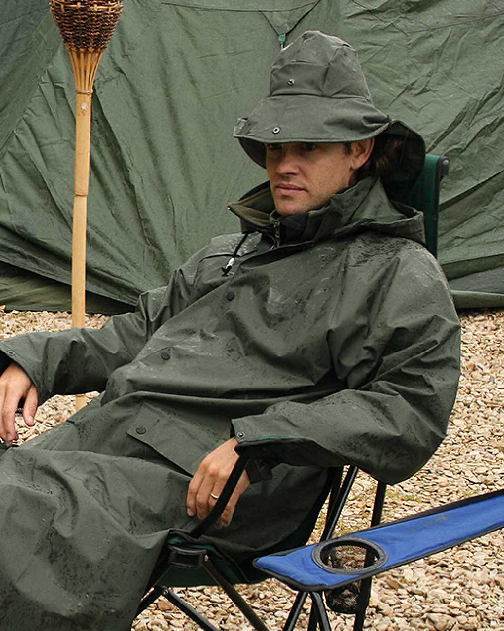 Khaki Coloured Baleno Southwester Rain Hat on tent background 