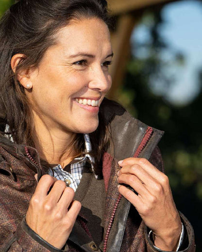 Check Brown Coloured Baleno Twyford Womens Printed Tweed Coat on blurry background 