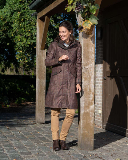 Check Brown Coloured Baleno Twyford Womens Printed Tweed Coat on door background 