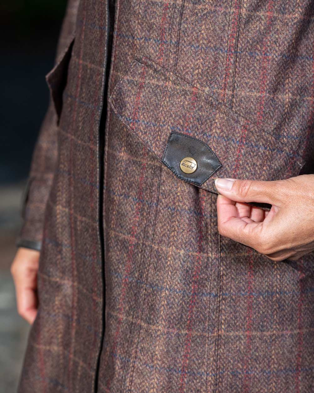 Check Brown Coloured Baleno Twyford Womens Printed Tweed Coat on blurry background 