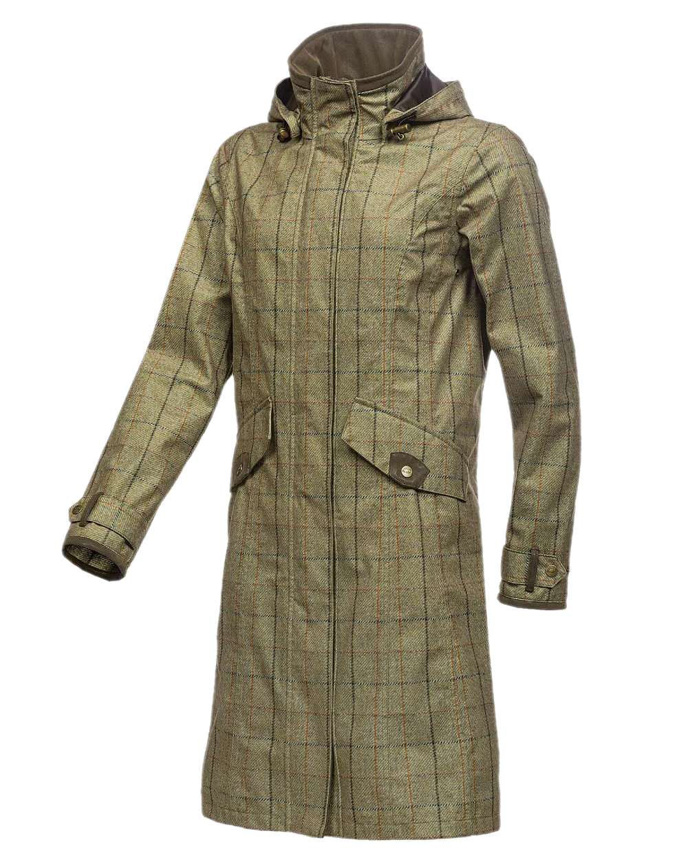 Check Khaki Coloured Baleno Twyford Womens Printed Tweed Coat on white background 