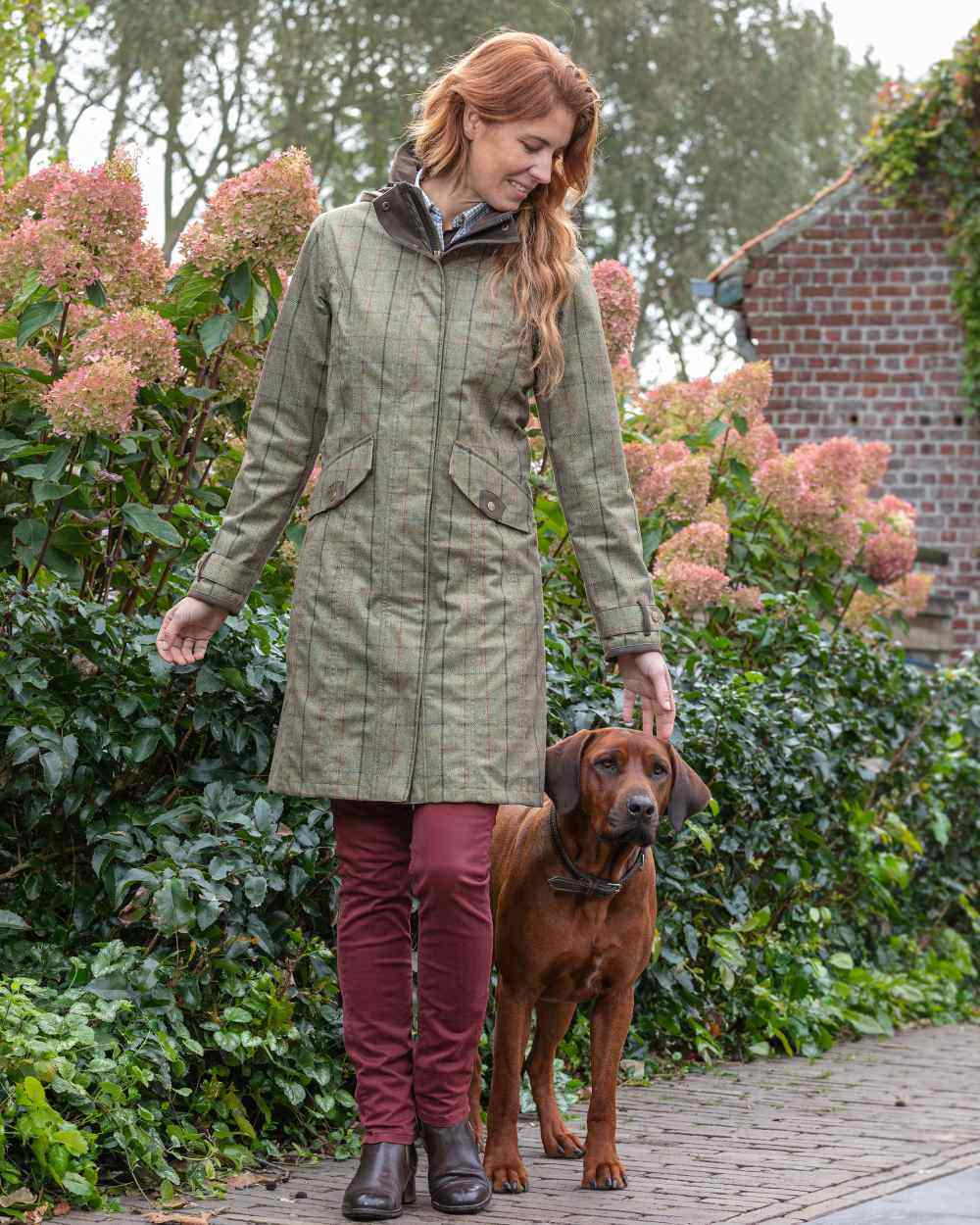 Check Khaki Coloured Baleno Twyford Womens Printed Tweed Coat on garden background 