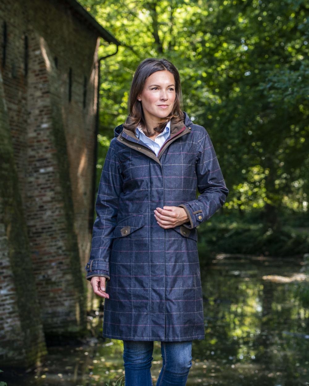 Check Navy Coloured Baleno Twyford Womens Printed Tweed Coat on pond background 