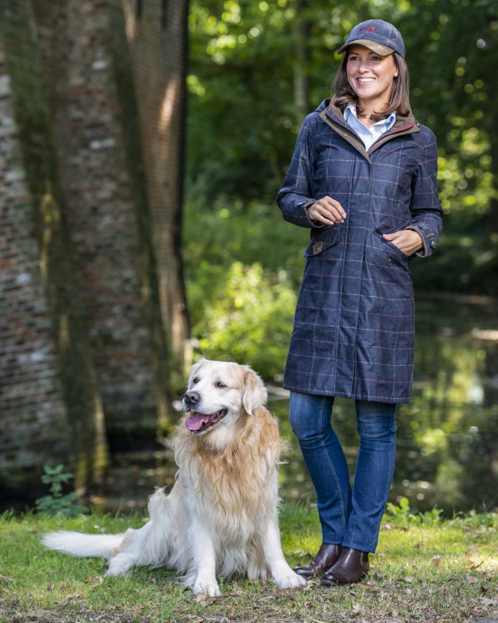 Check Navy Coloured Baleno Twyford Womens Printed Tweed Coat on pond background 