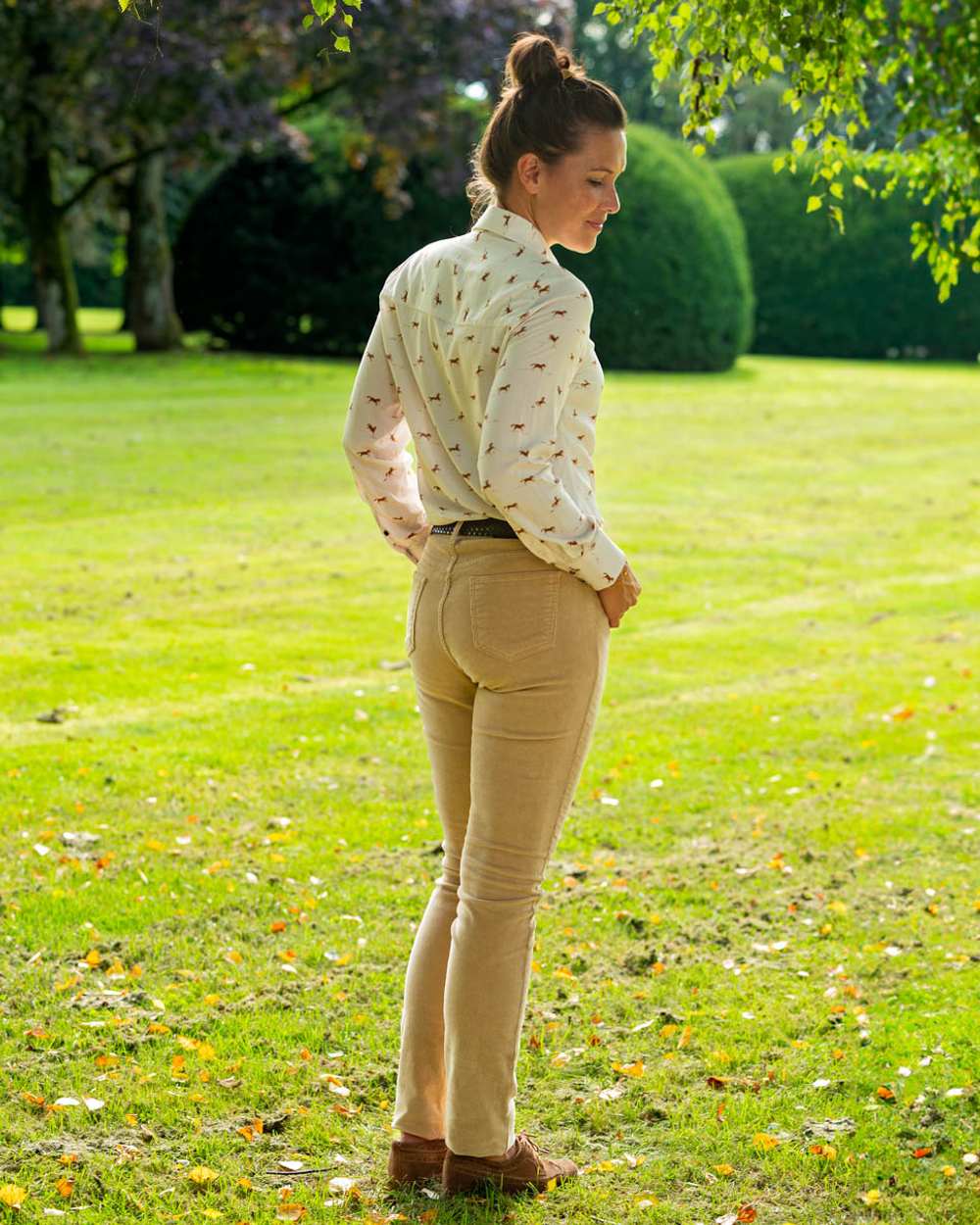 Sand Coloured Baleno Valentine Ladies Corduroy Trousers on garden background 