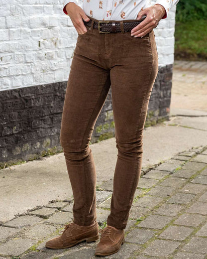 Brown Coloured Baleno Valentine Ladies Corduroy Trousers on wall background 