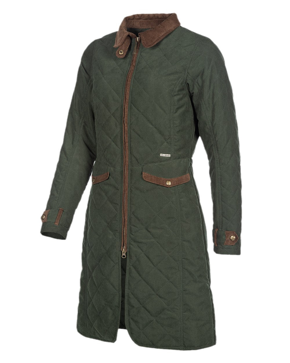 Dark Olive Green Coloured Baleno Womens Audrey Fashionable Quilted Ladies Coat on garden background 