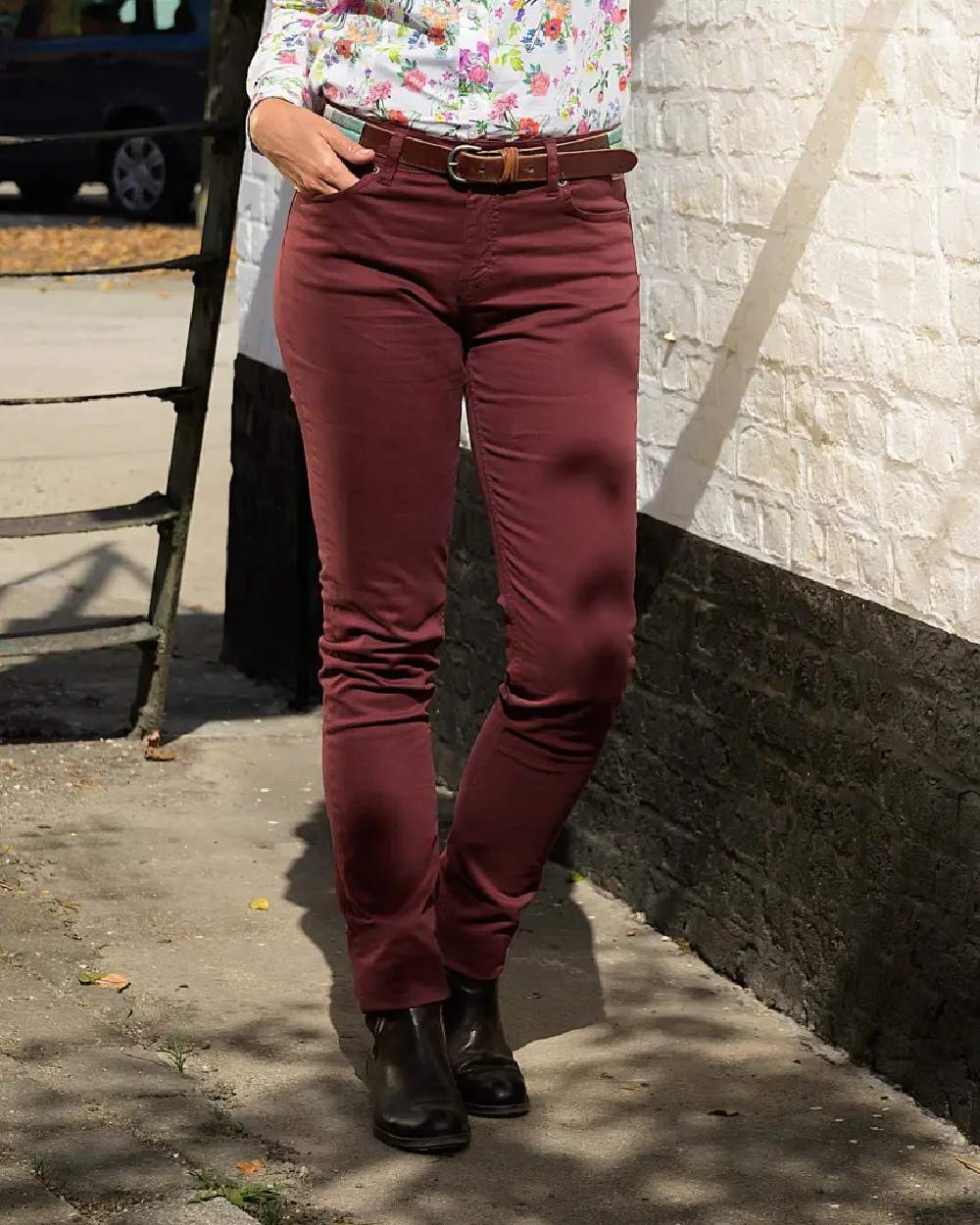 Merlot Coloured Baleno Womens Cotton Trousers on street background 