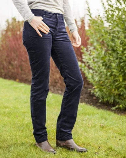 Navy Coloured Baleno Womens Cotton Trousers on garden background 