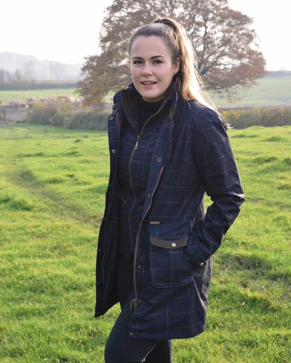 Check Navy Coloured Baleno Womens Perth Printed Tweed Bodywarmer on countryside background 