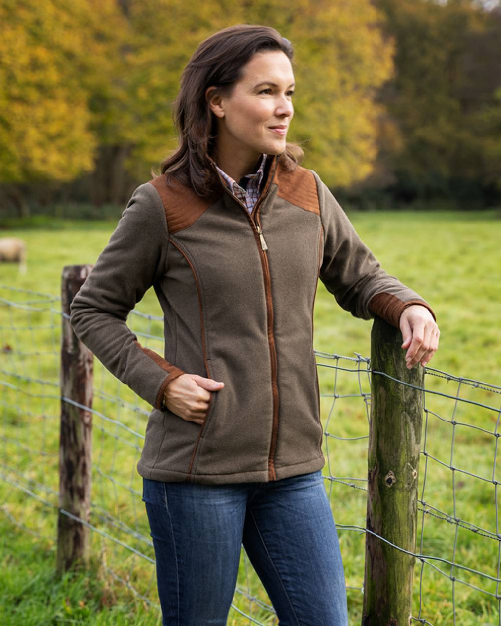 Moss Green Coloured Baleno Womens Sutton Fancy Fleece Jacket With Waterproof Lining on countryside background 