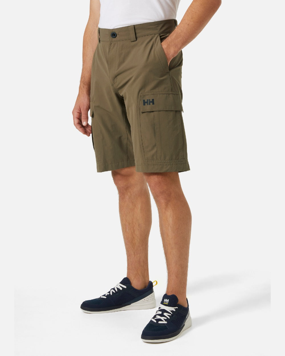 Bedrock coloured Helly Hansen mens quick dry cargo shorts on grey background 