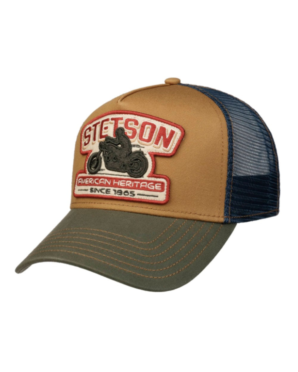 Beige/Olive Stetson Motorcycle Trucker Cap on White background 