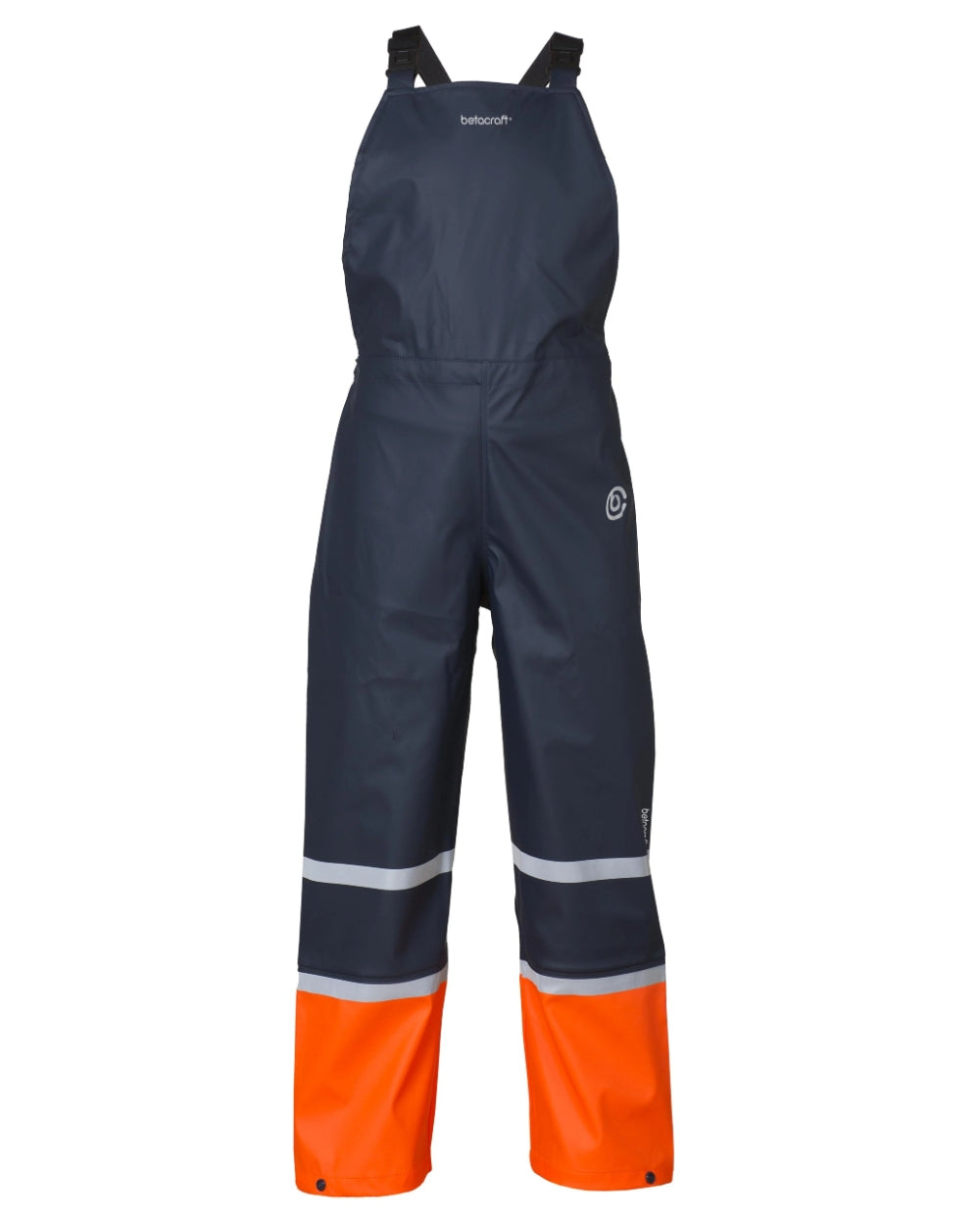 Navy Orange coloured Betacraft Childrens Tuffbak Bib Overtrousers on white background 