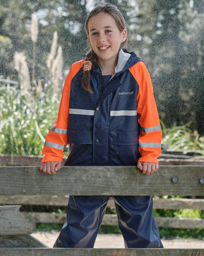 Navy Orange coloured Betacraft Childrens Tuffbak Overtrousers on white background 