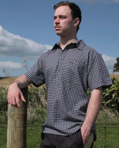 Dark Navy Cream Coloured Betacraft Mens Horizon Short-Sleeved Shirts on outdoor background 