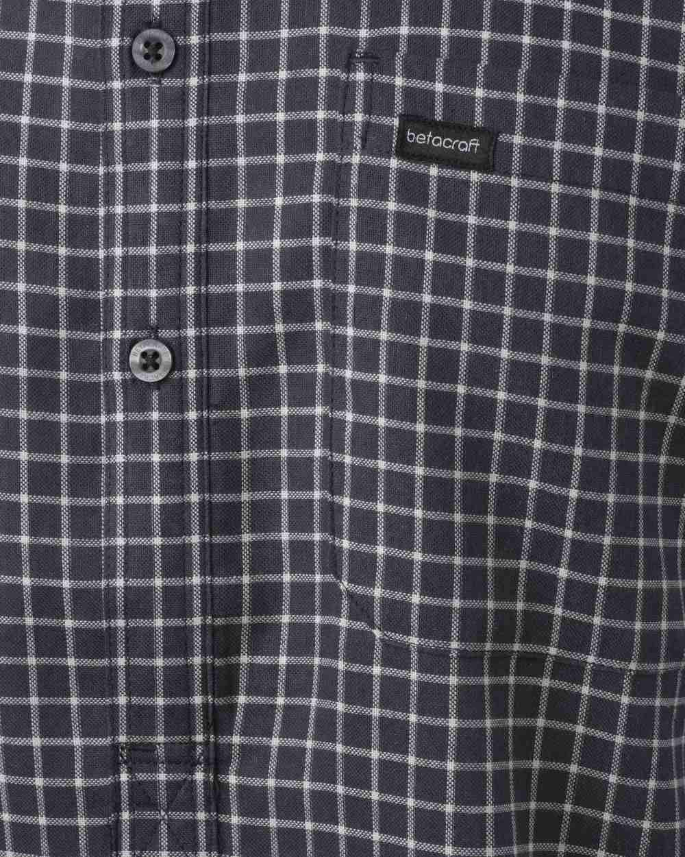 Dark Navy Cream Coloured Betacraft Mens Horizon Short-Sleeved Shirts on white background 