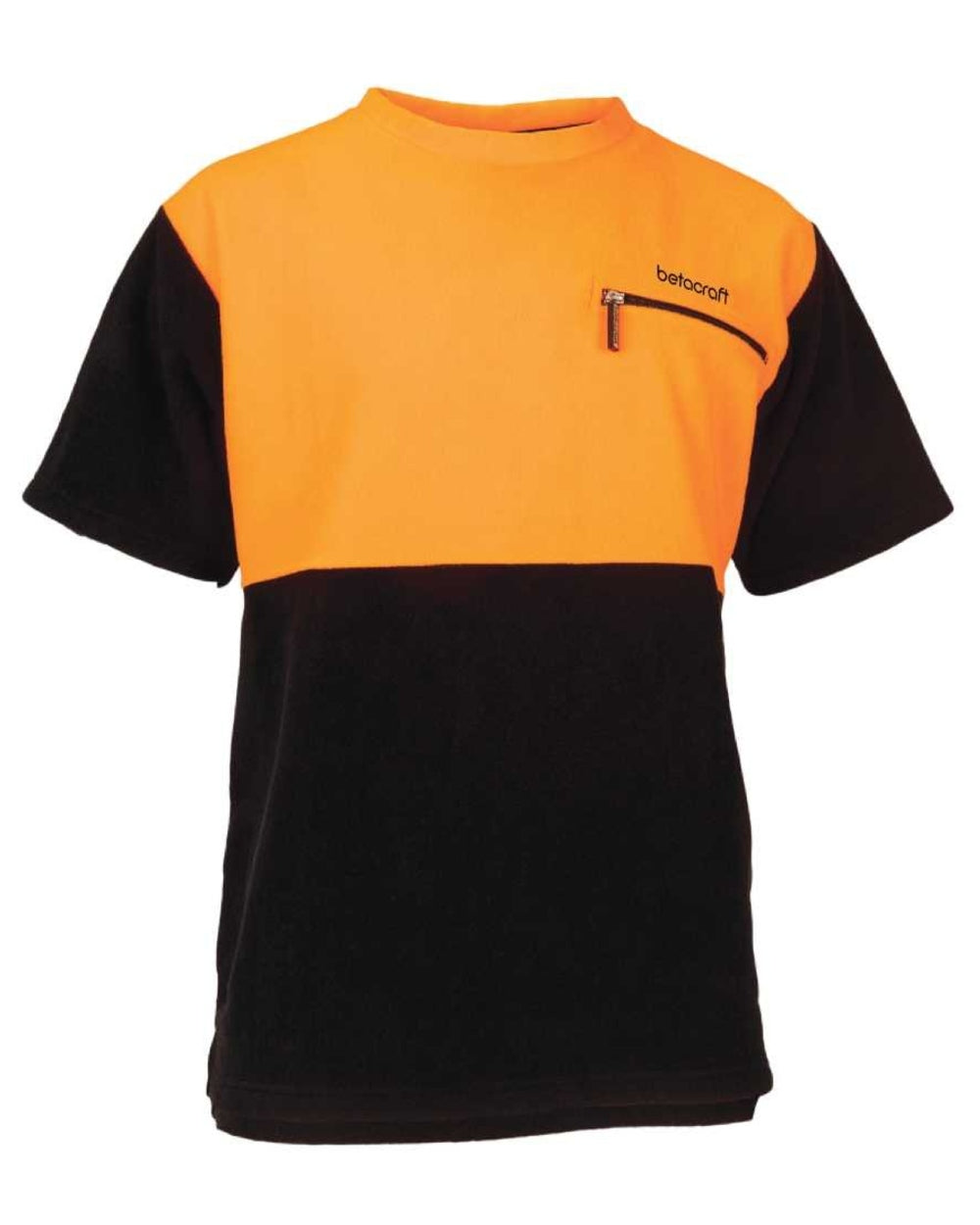 Orange Black coloured Betacraft Quest Fleece T-Shirt on white background 