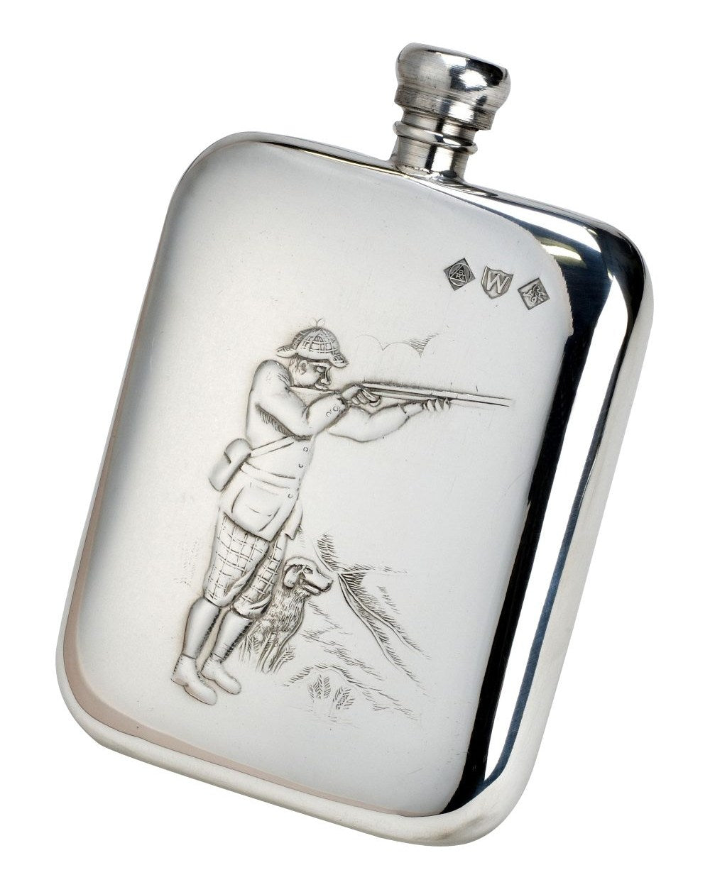 Bisley 6oz Shooter &amp; Dog Pewter Rounded Flask On White Background