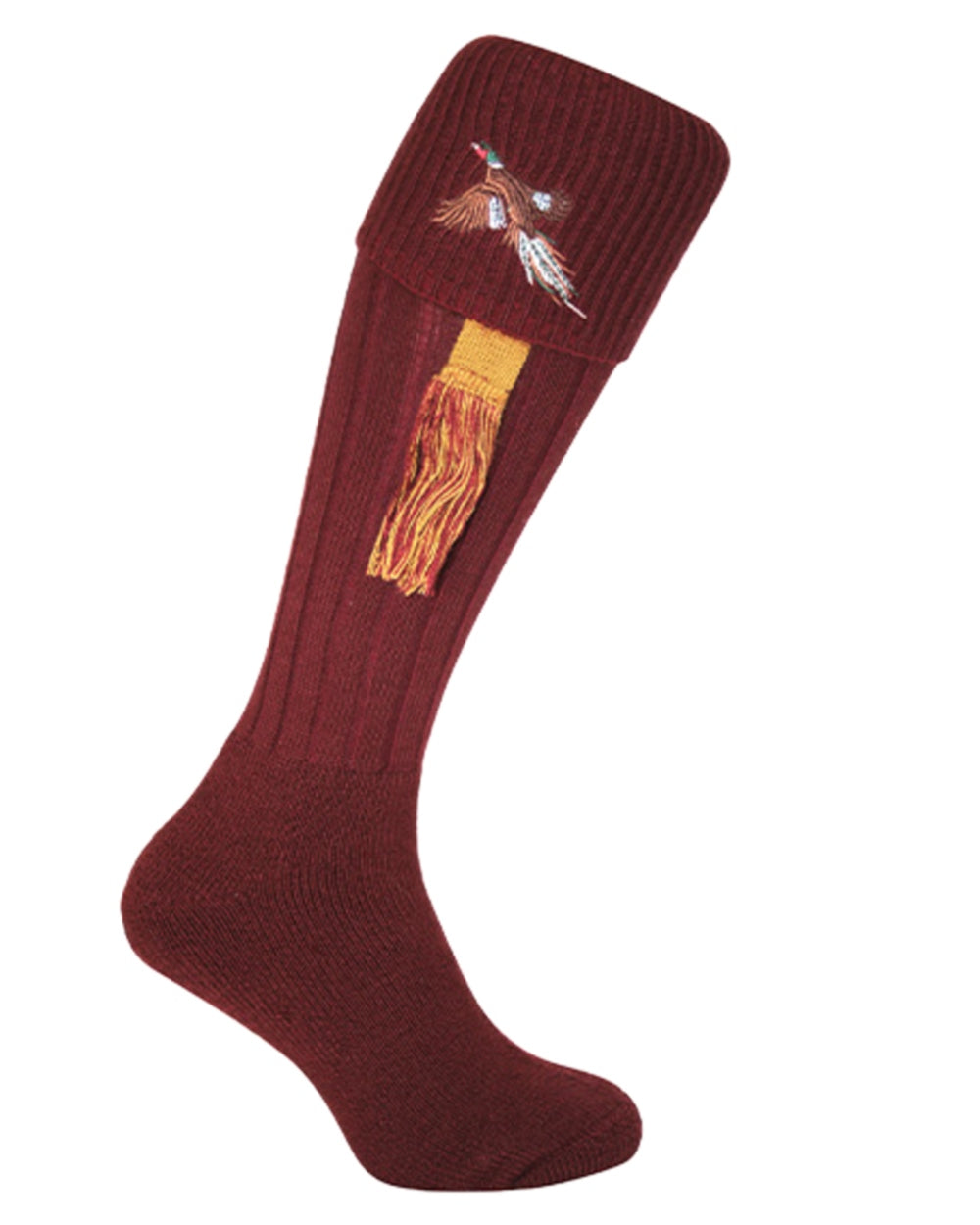 Burgundy Coloured Bisley Embroidered Stockings on white background 