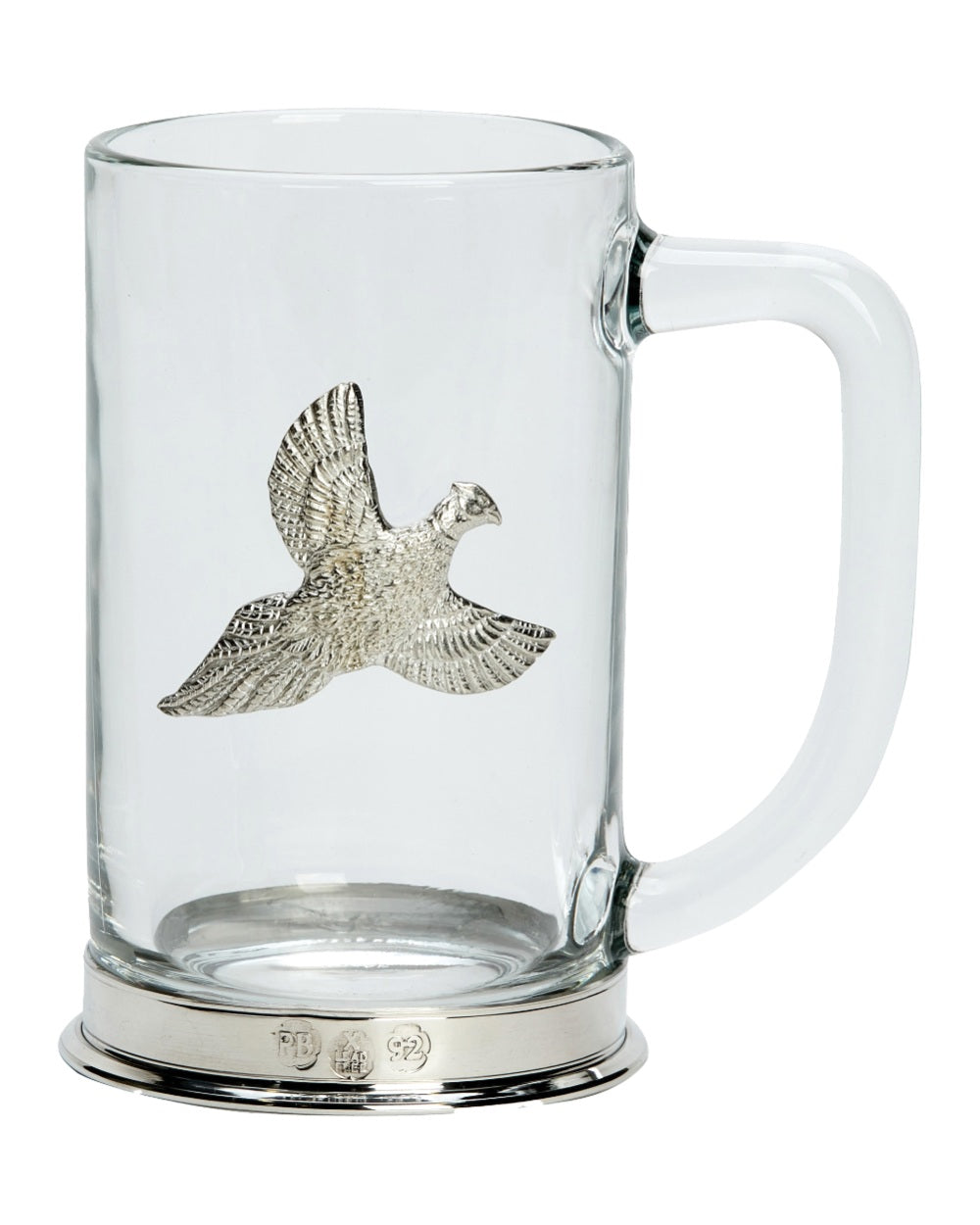 Flying Pheasant styled Bisley Glass Tankard on white background 