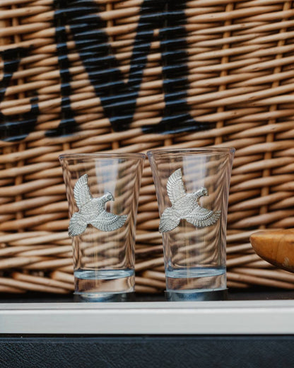 Bisley Shot Glasses In Flying Pheasant on table background 