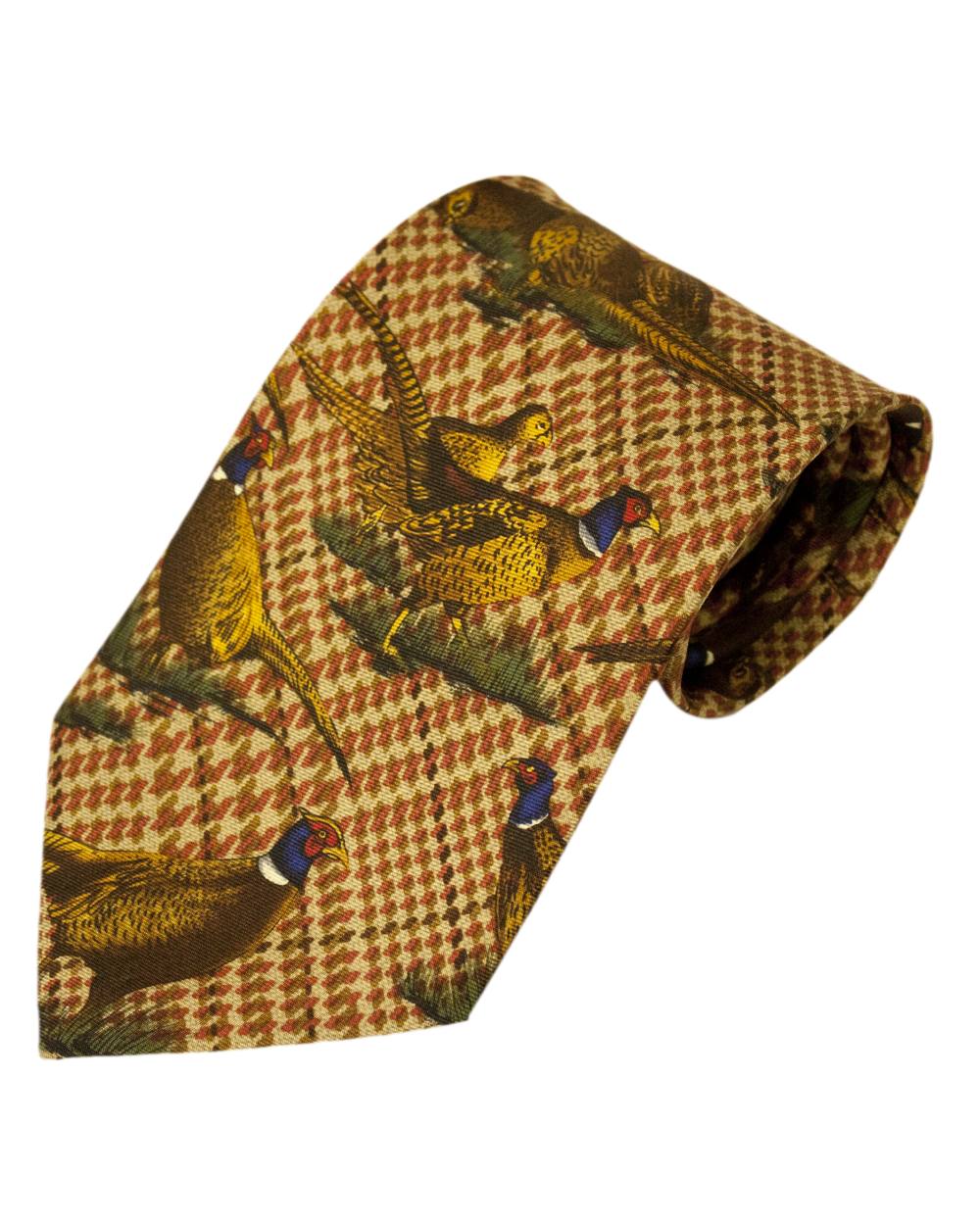 Brown Large Pheasants Style Bisley Silk Tie on white background 