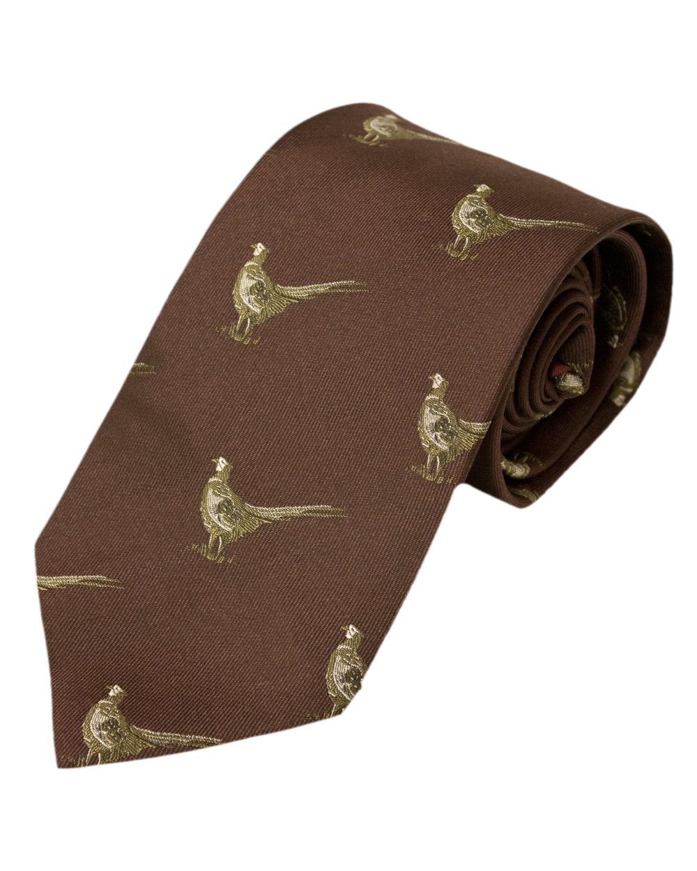 Burgundy Pheasants Style Bisley Silk Tie on white background 